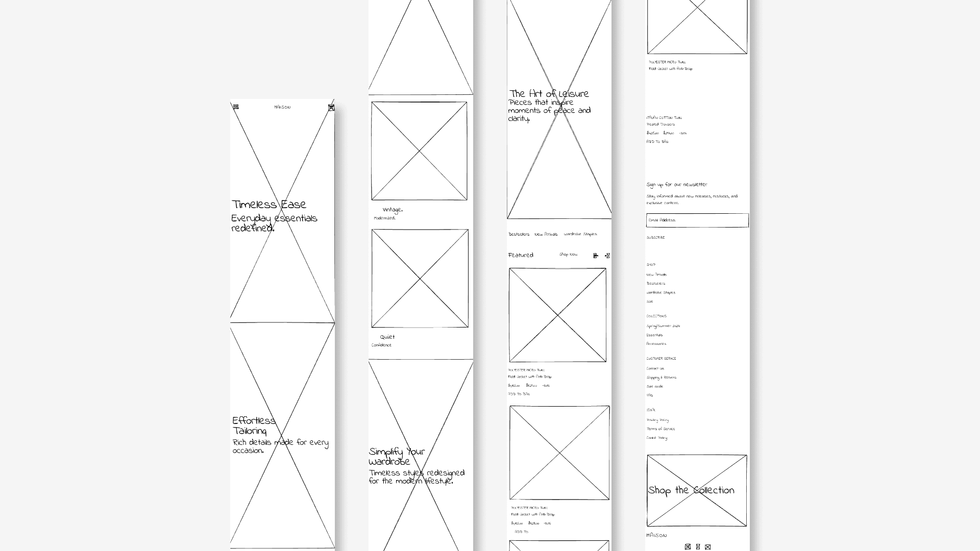 Wireframe showcasing the structured layout of Maison's landing page, focusing on clean navigation and user flow.